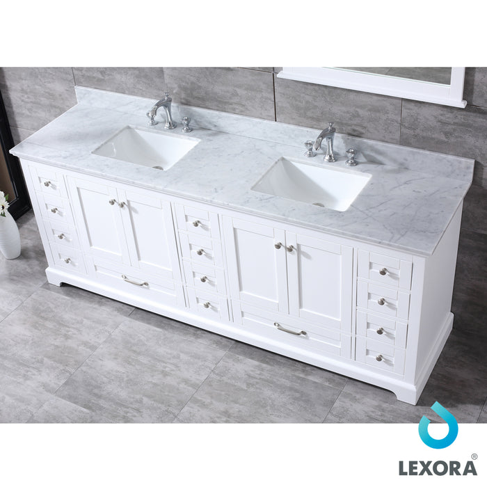 Lexora Dukes 84" Double Vanity, White Carrara Marble Top, White Square Sinks and 34" Mirrors w/ Faucets 810014577265