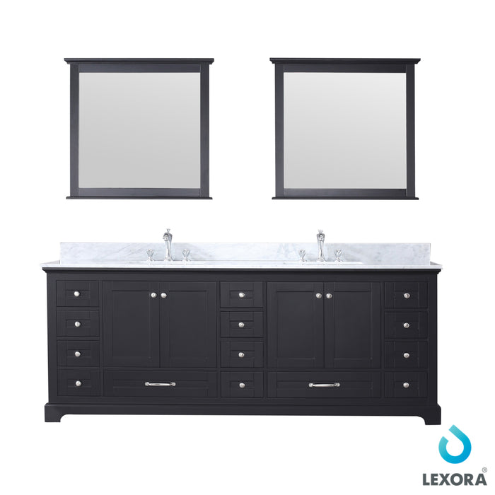 Lexora Dukes 84" Double Vanity, White Carrara Marble Top, White Square Sinks and 34" Mirrors w/ Faucets 810014577265