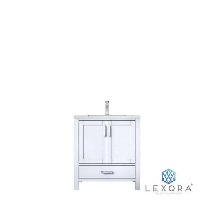 Lexora Jacques 30" White Single Vanity, White Carrara Marble Top, White Square Sink and 28" Mirror w/ Faucet  810014577302