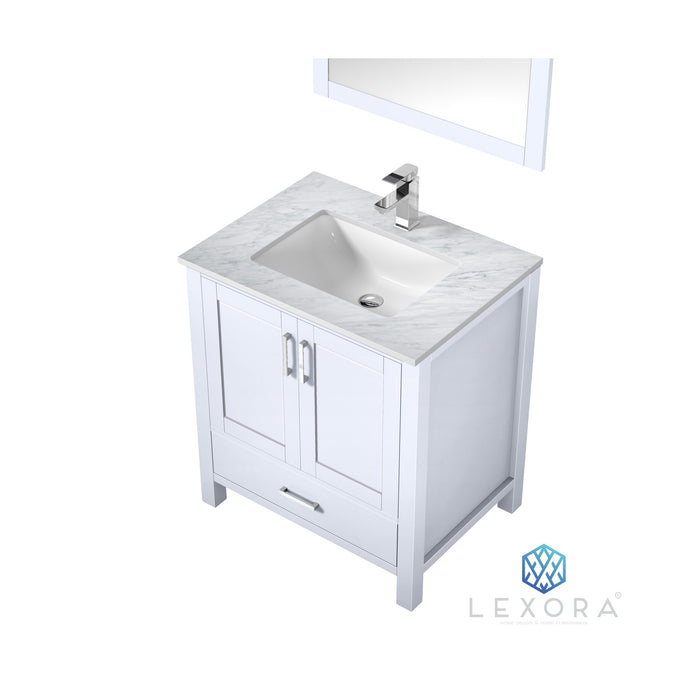 Lexora Jacques 30" White Single Vanity, White Carrara Marble Top, White Square Sink and 28" Mirror 689770980684