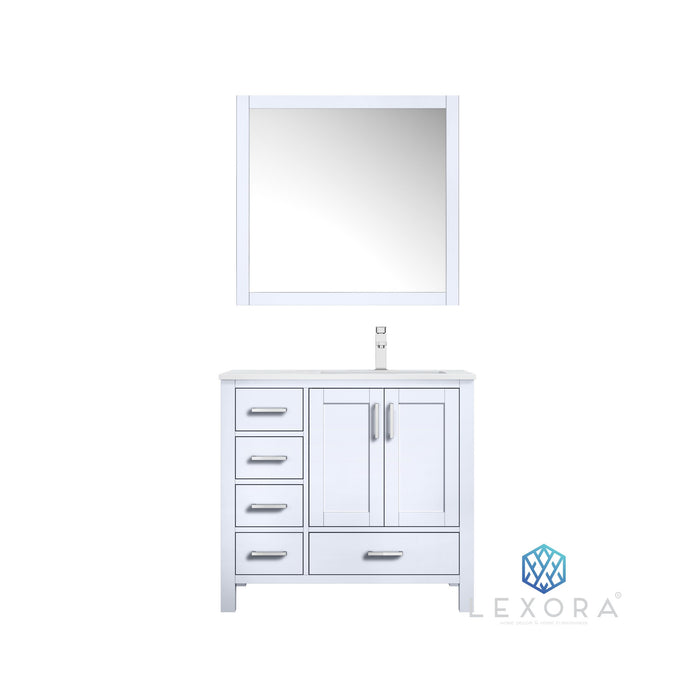 Lexora Jacques 36" White Single Vanity, White Carrara Marble Top, White Square Sink and 34" Mirror w/ Faucet