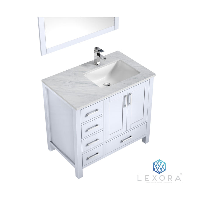 Lexora Jacques 36" White Single Vanity, White Carrara Marble Top, White Square Sink and 34" Mirror w/ Faucet