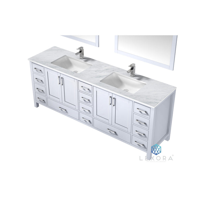 Lexora Jacques 80" White Double Vanity, White Carrara Marble Top, White Square Sinks and 30" Mirrors w/ Faucets 810014577470