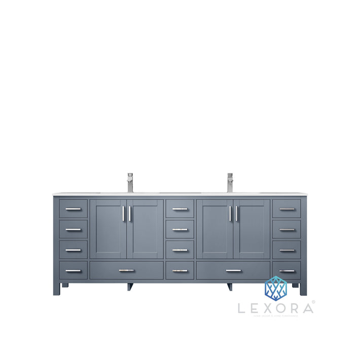 Lexora Jacques 84" White Double Vanity, White Carrara Marble Top, White Square Sinks and 34" Mirrors w/ Faucets 810014577500