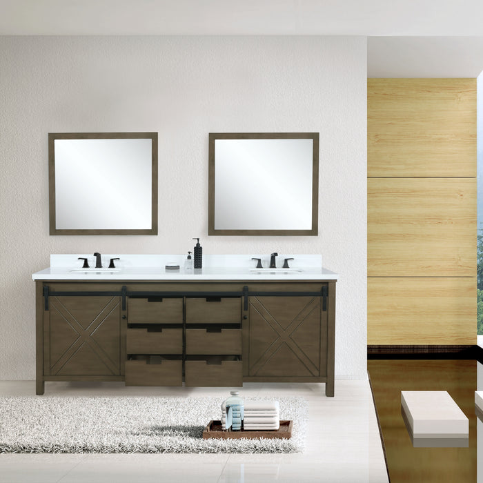 Lexora Marsyas 84" Double Vanity, Grey Quartz Top, White Square Sinks and 34" Mirrors w/ Faucets  810014577692