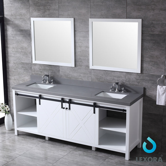 Lexora Marsyas 84" Double Vanity, Grey Quartz Top, White Square Sinks and 34" Mirrors w/ Faucets  810014577692
