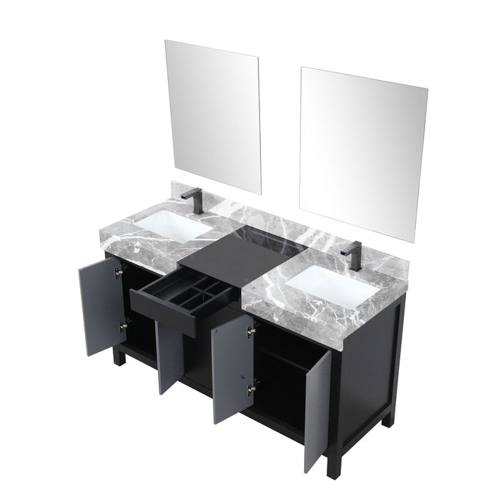 Lexora Zilara 60" Black and Grey Double Vanity, Castle Grey Marble Tops, White Square Sinks, Faucet Set, and 28" Frameless Mirrors LZ342260DLISM28FCM
