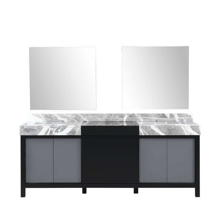 Lexora  Zilara 84" Black and Grey Double Vanity, Castle Grey Marble Tops, White Square Sinks, and 34" Frameless Mirrors  810075780376