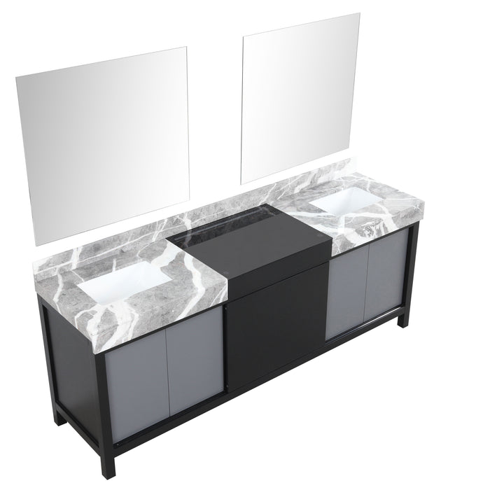 Lexora  Zilara 84" Black and Grey Double Vanity, Castle Grey Marble Tops, White Square Sinks, and 34" Frameless Mirrors  810075780376