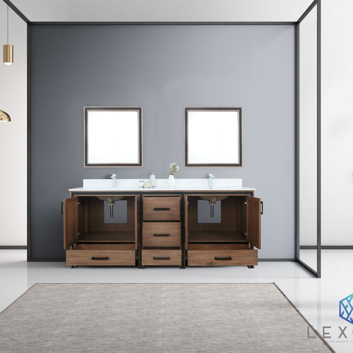 Lexora Ziva 80" Rustic Barnwood Double Vanity, Cultured Marble Top, White Square Sink and 30" Mirrors w/ Faucet