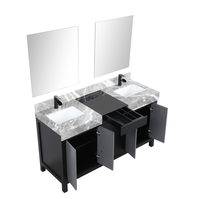 Lexora Zilara 60" Black and Grey Double Vanity, Castle Grey Marble Tops, White Square Sinks, Faucet Set, and 28" Frameless Mirrors LZ342260DLISM28FCM