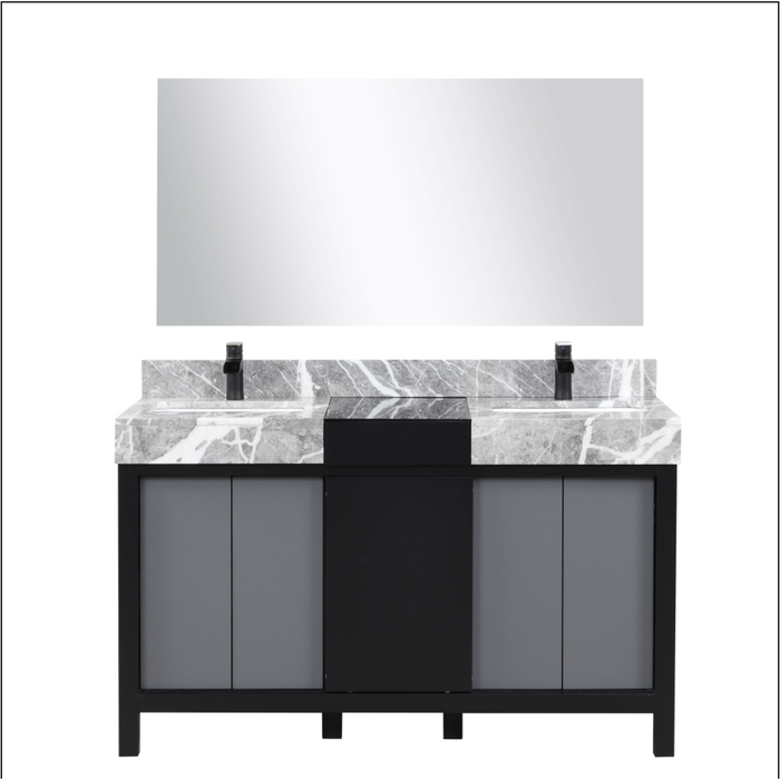 Lexora Zilara 55" Black and Grey Double Vanity, Castle Grey Marble Tops, White Square Sinks, Faucet Set, and 53" Frameless Mirror