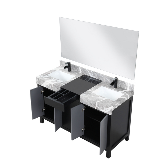 Lexora Zilara 55" Black and Grey Double Vanity, Castle Grey Marble Tops, White Square Sinks, Faucet Set, and 53" Frameless Mirror