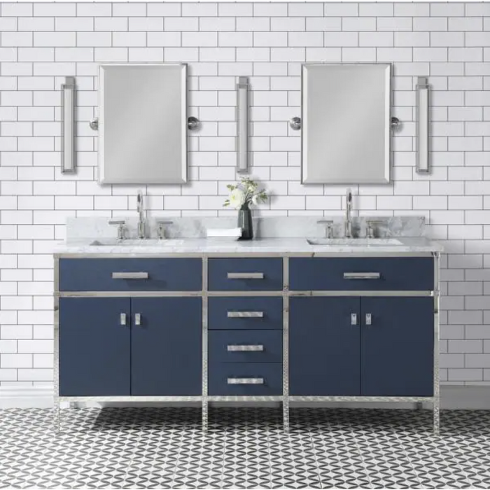 Water Creation Marquis 72 in. W x 22 in. D Vanity in Monarch Blue with Marble Top in White with White Basin and Swivel Mirrors 732030765979