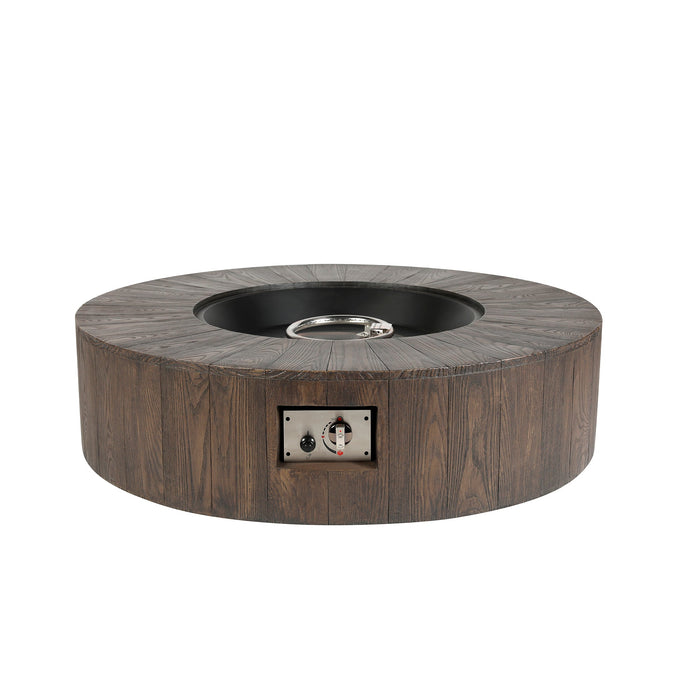 Lexora Gambara Outdoor Round Wood Textured Gas Fire Pit Table w/ Round Burner Kit 810014570631 - Modern Homes Supply